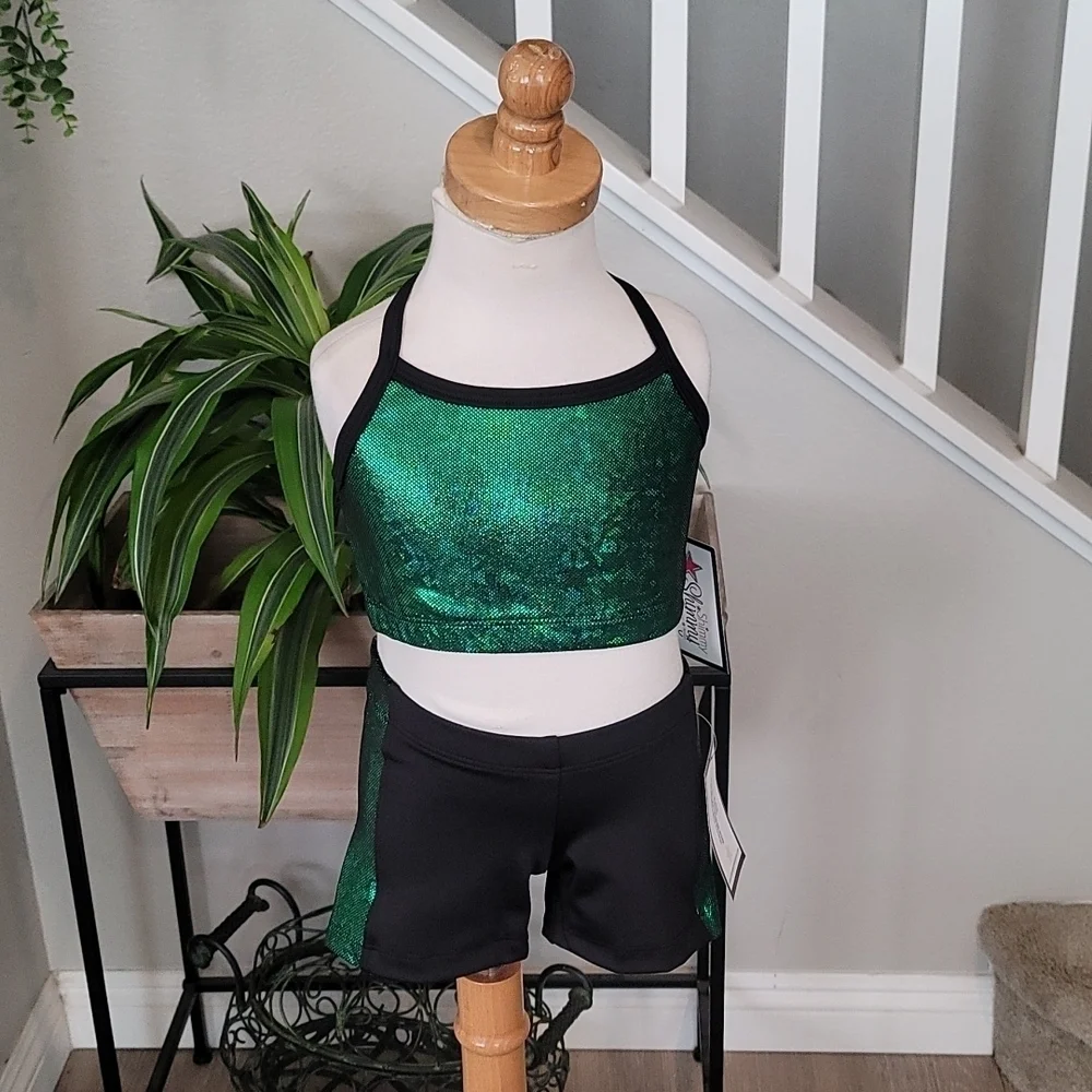 Shimmy Shimmy Inc Green Hologram Dance crop top and short Set NWT Cheer Gym